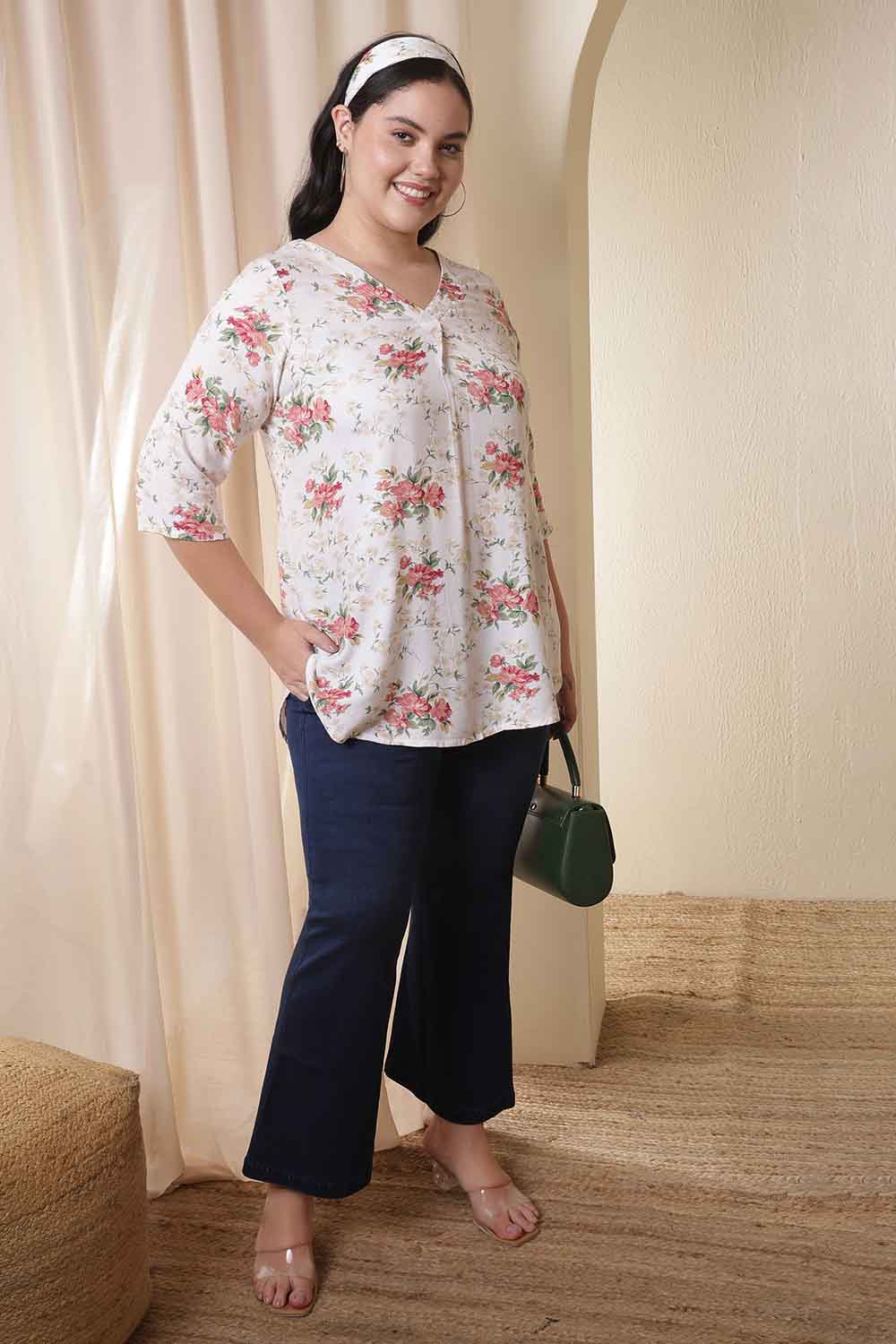 Plus Size White Floral Print V Neck Top