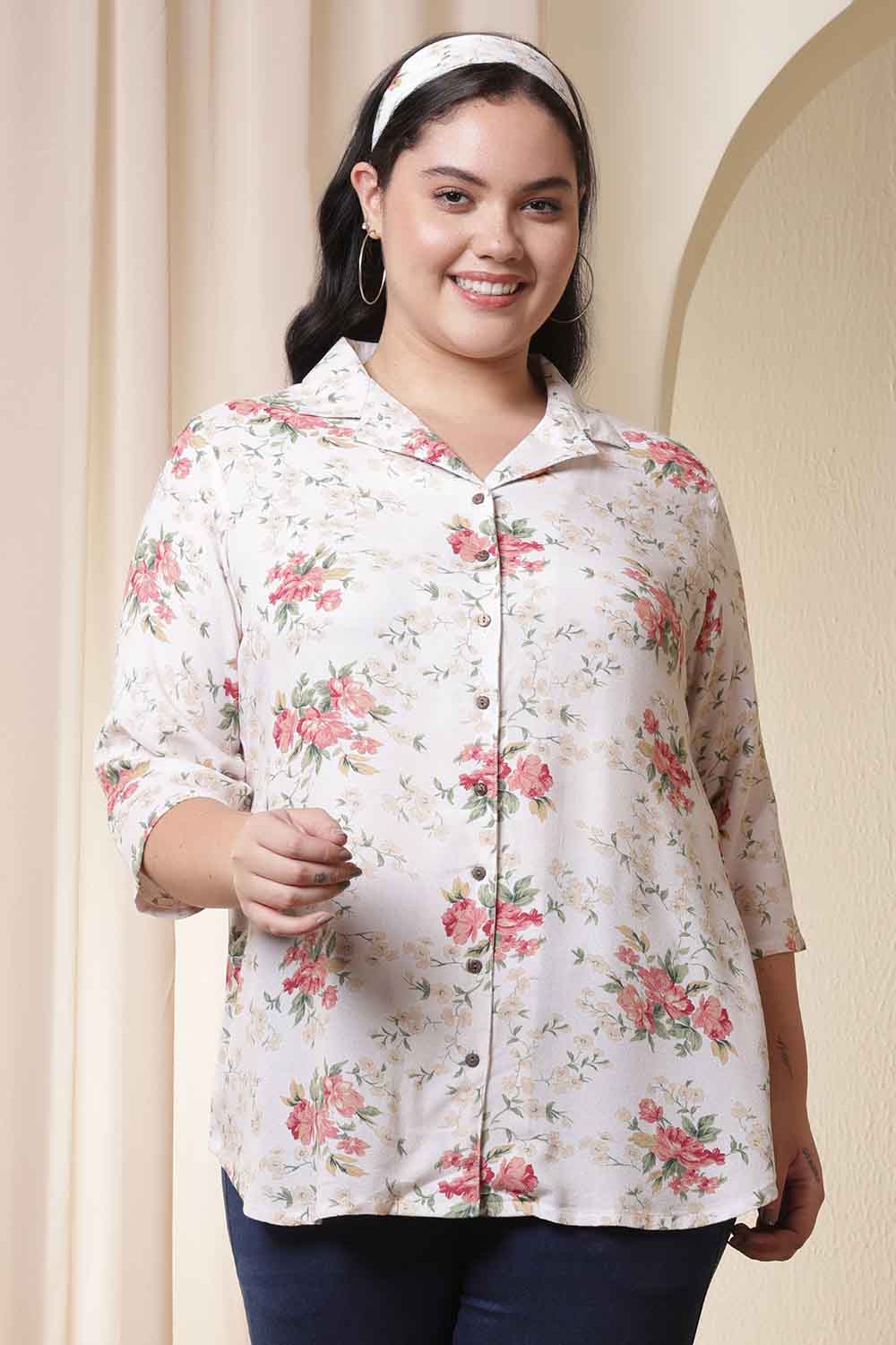 Plus Size White Floral Print Cuban Collar Shirt