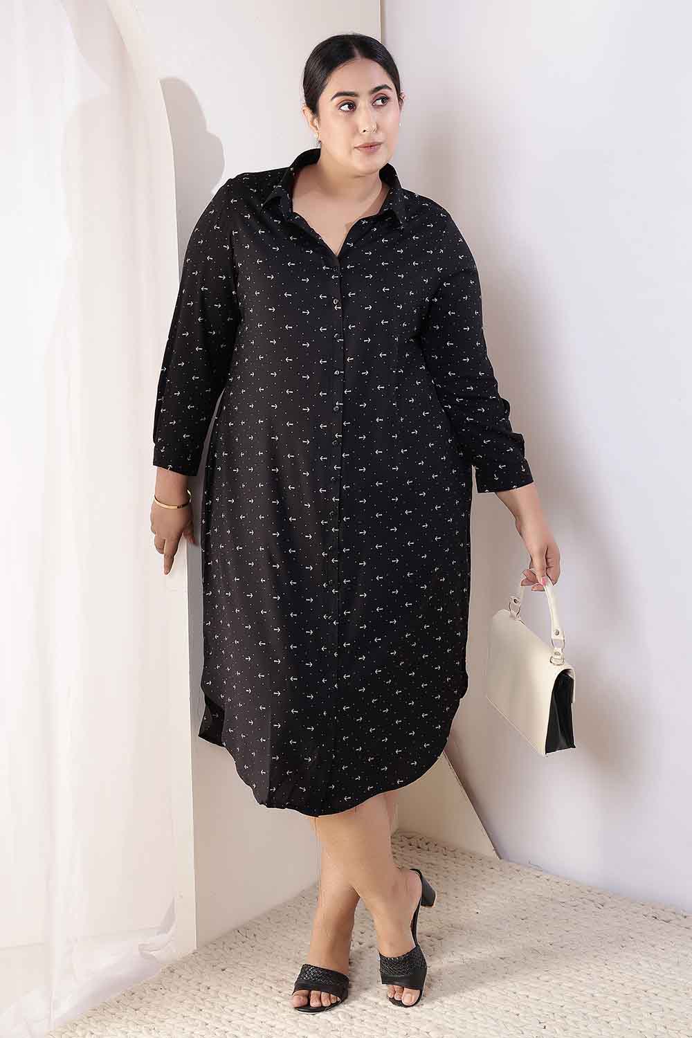 Plus Size Black Anchor Print Rayon Shirt Dress