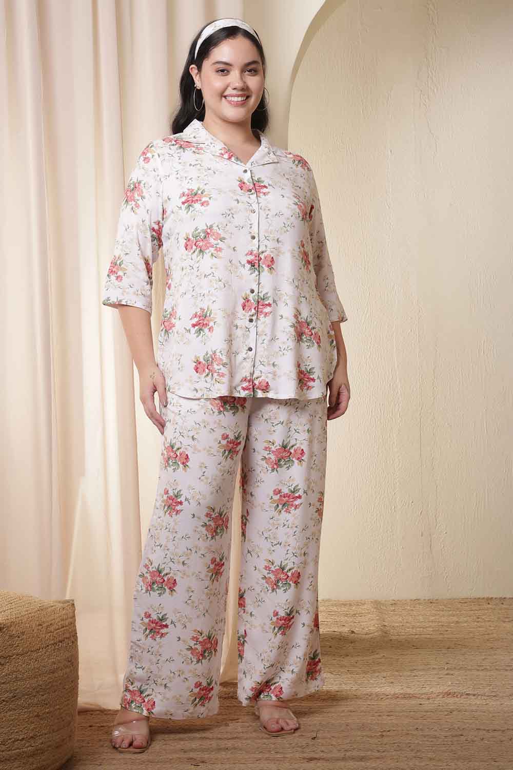 Plus Size White Floral Print Shirt Coord Set
