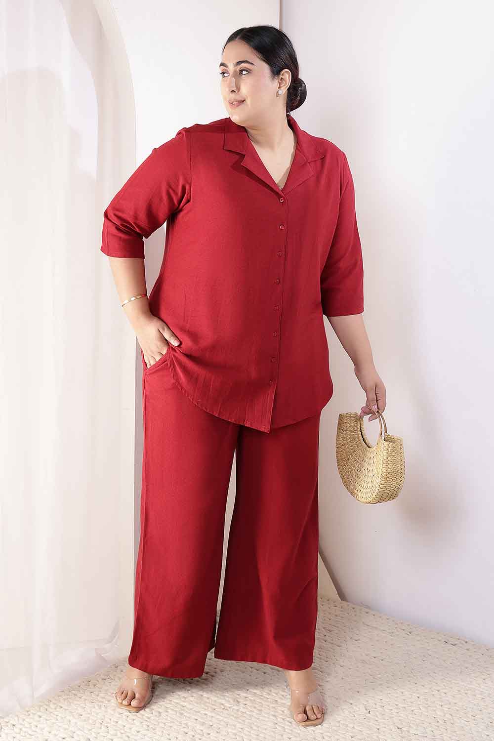 Plus Size Maroon Cotton Linen Shirt Coord Set