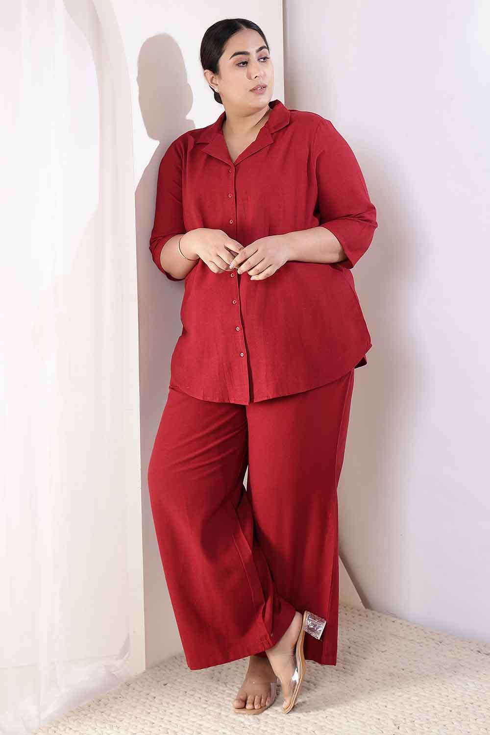 Plus Size Maroon Cotton Linen Shirt Coord Set