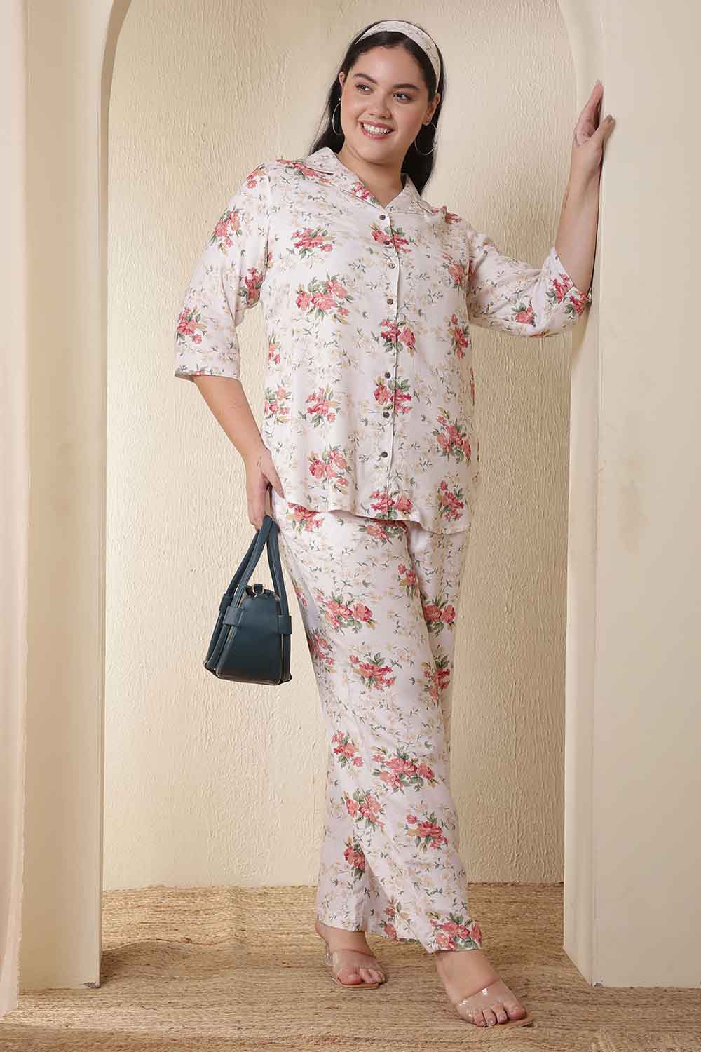 Plus Size White Floral Print Shirt Coord Set