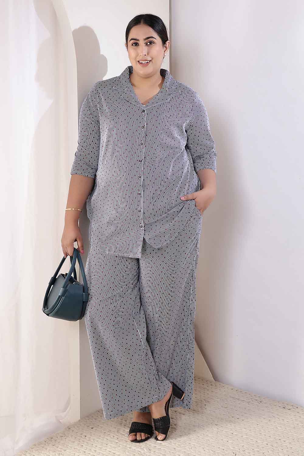 Plus Size Plus Size Little Beatle Striped Cotton Shirt Coord Set