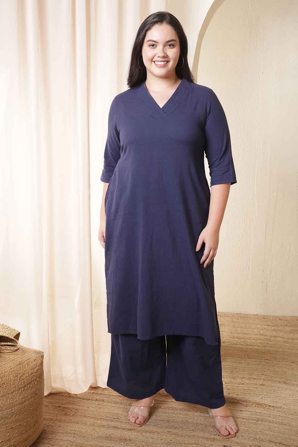 Plus Size Dark Blue Cotton Kurta Coord Set