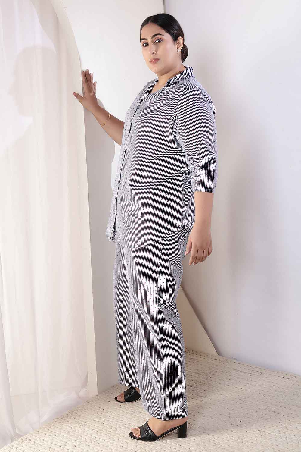 Plus Size Little Beatle Striped Cotton Shirt Coord Set for Women