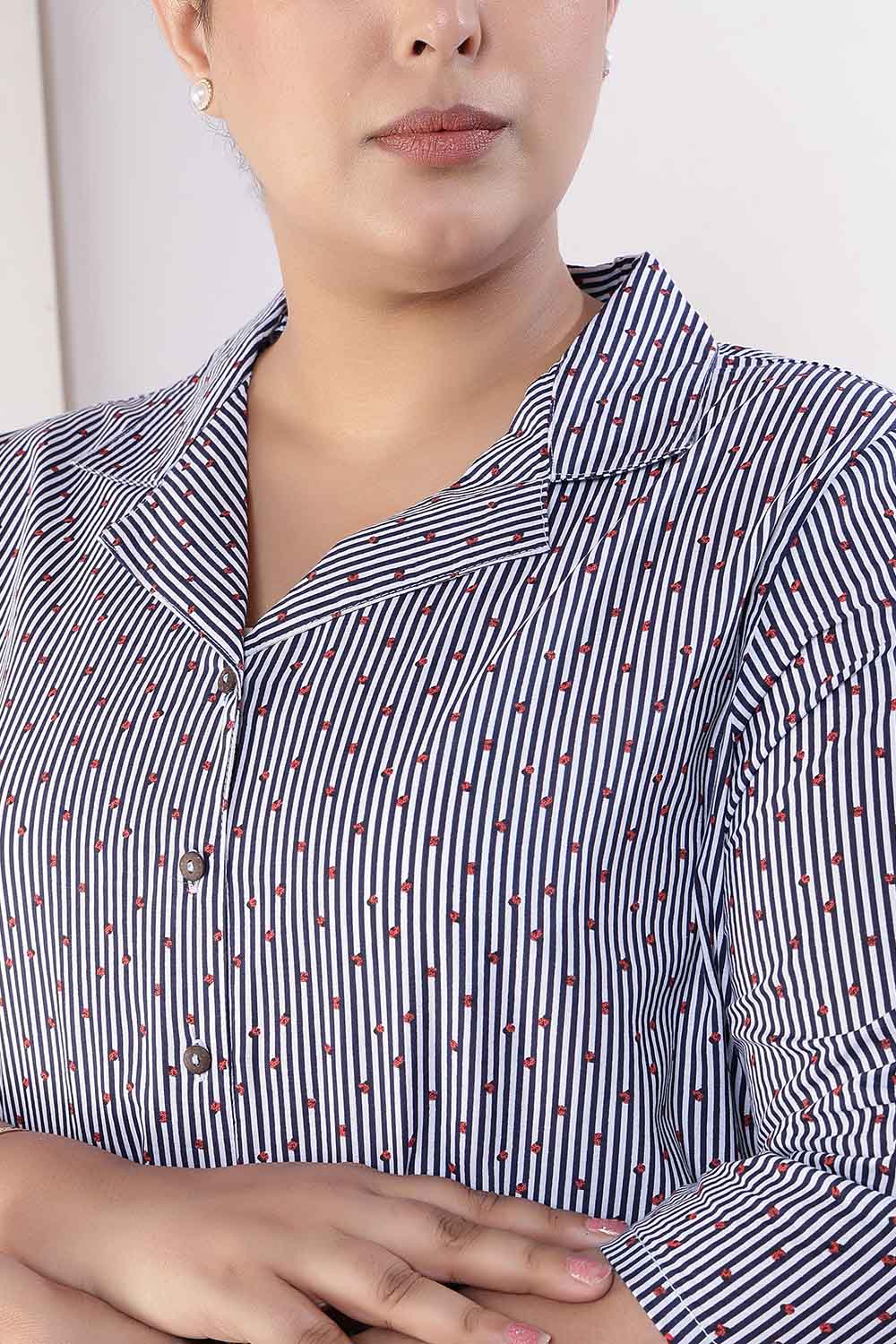 Comfortable Plus Size Little Beatle Striped Cotton Shirt Coord Set
