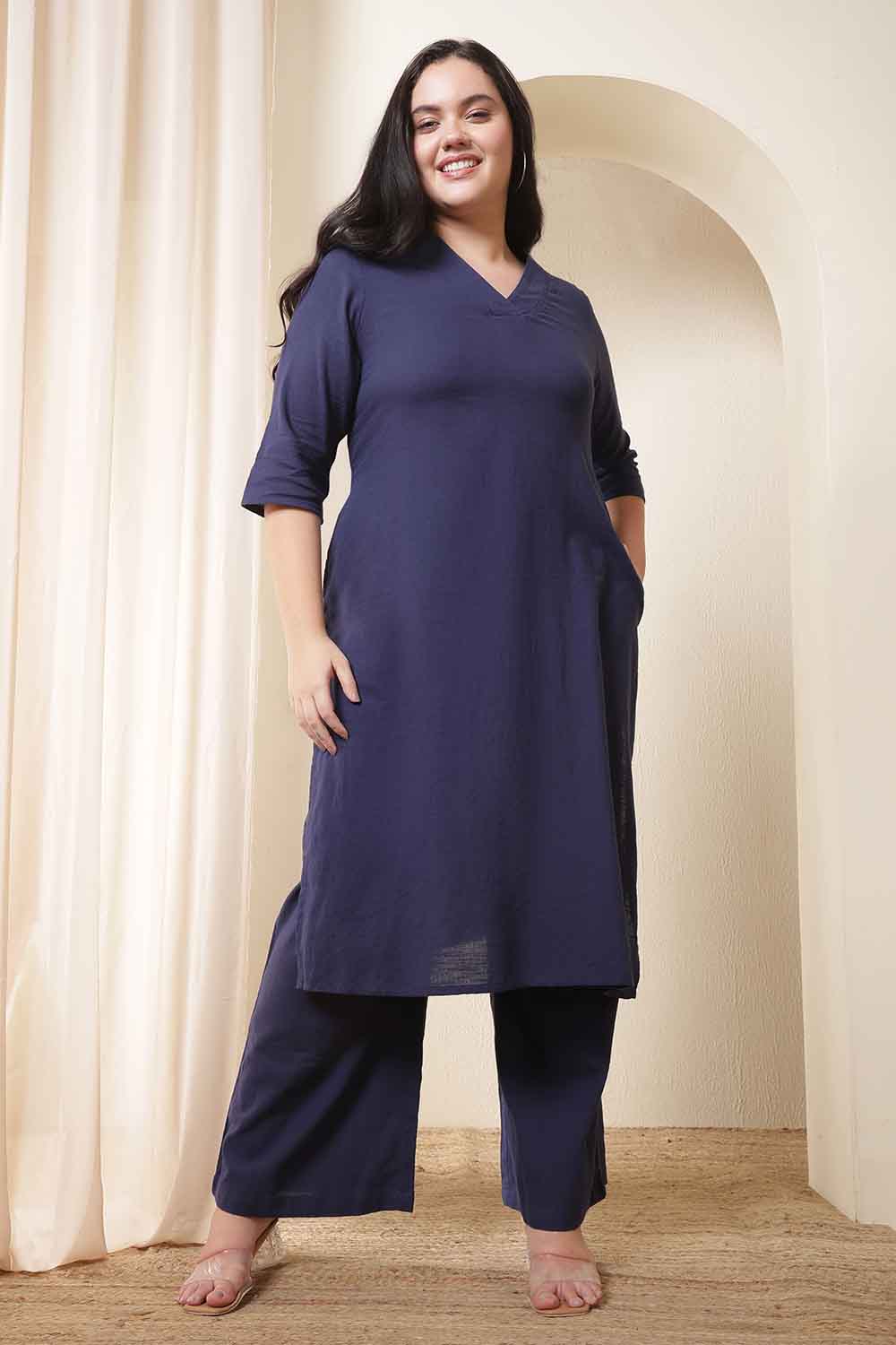 Plus Size Dark Blue Cotton Kurta Coord Set