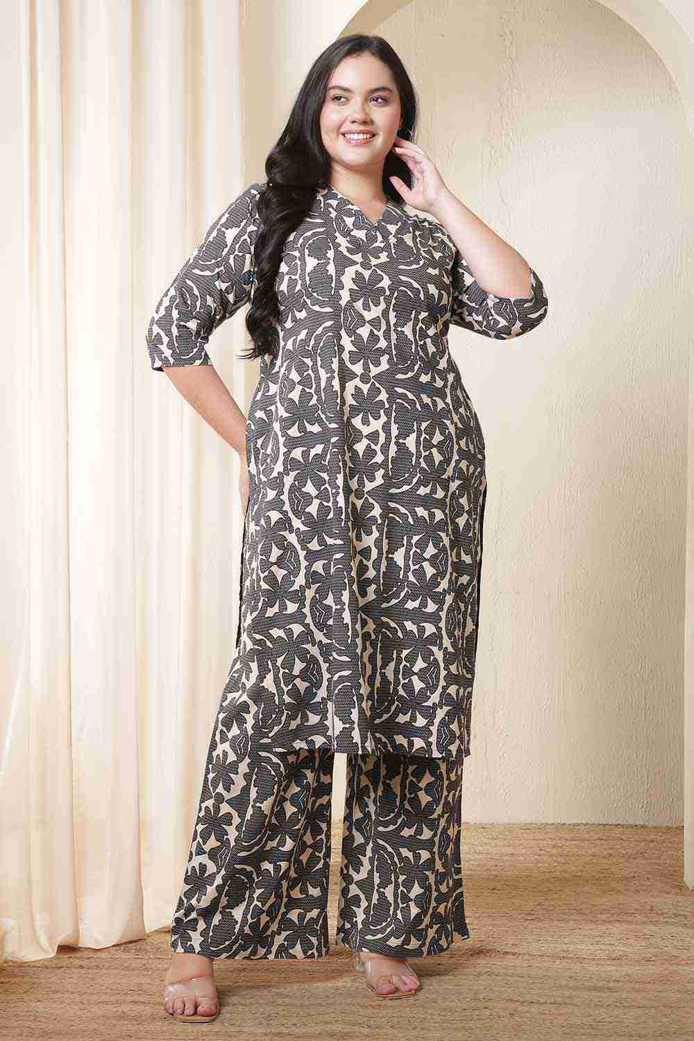 Plus Size Black & Beige Abstract Print Cotton Kurta Coord Set