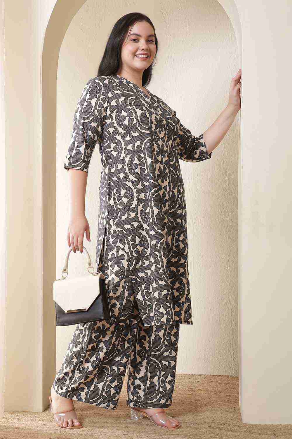 Plus Size Black & Beige Abstract Print Cotton Kurta Coord Set