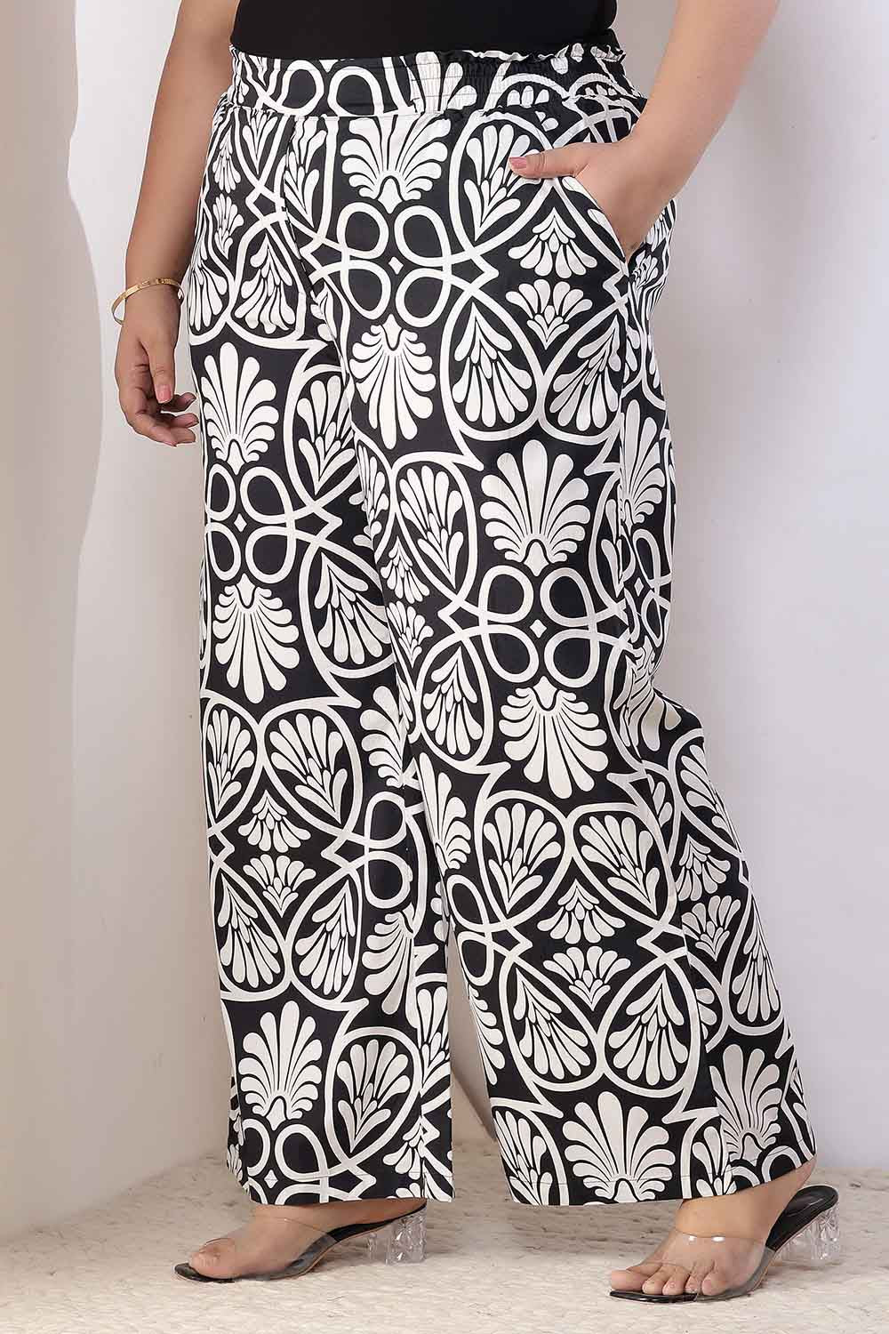 Plus Size Black & White Floral Print Cotton Shirt Coord Set