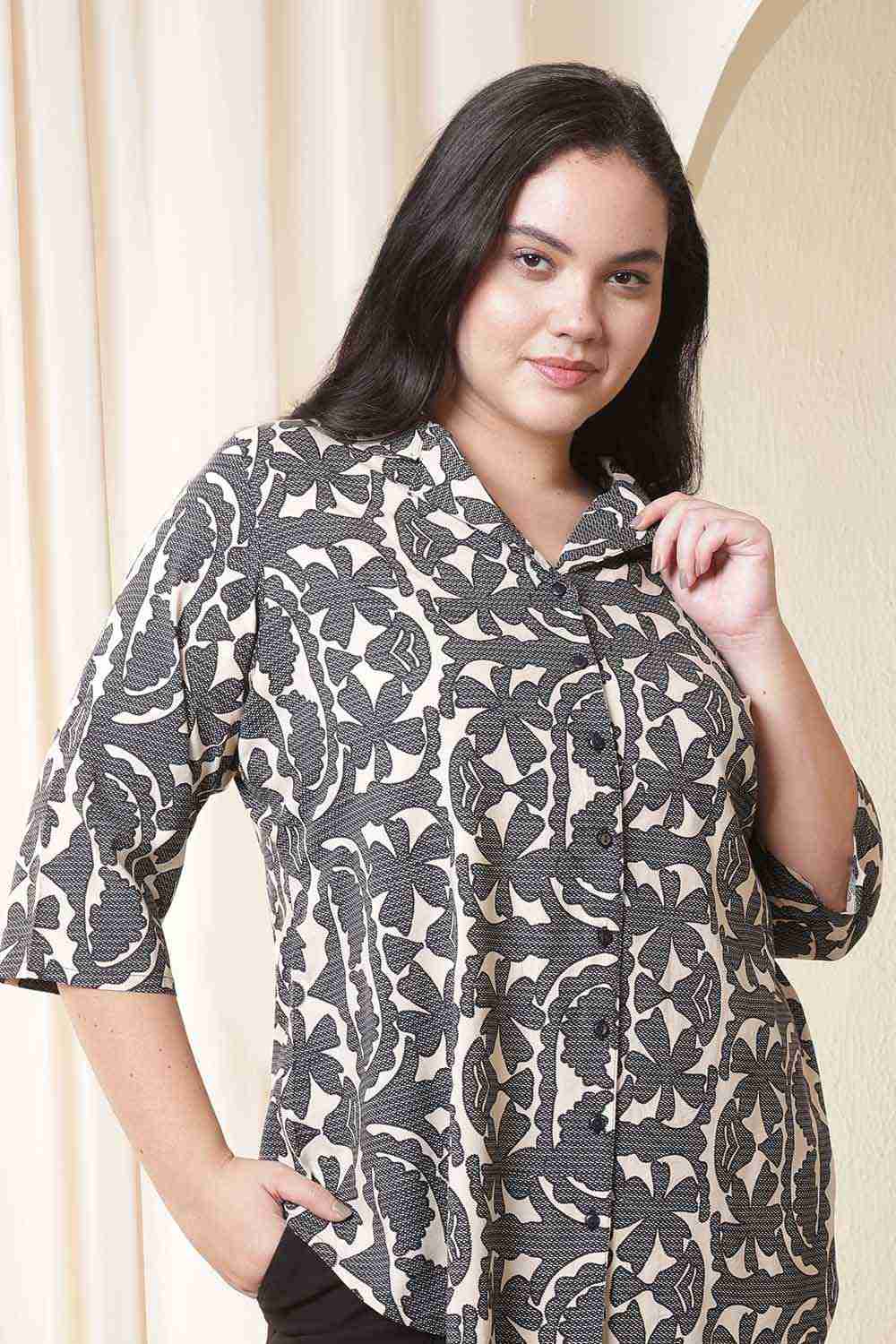 Plus Size Black & Beige Abstract Print Cuban Collar Shirt