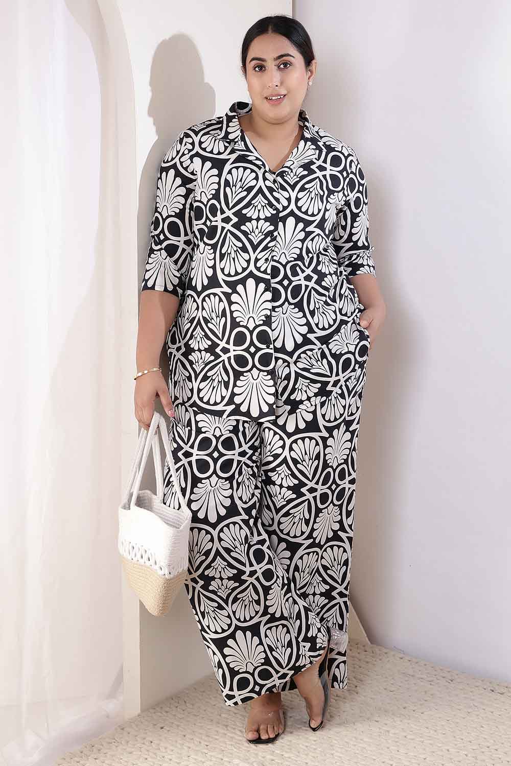Plus Size Black & White Floral Print Cotton Shirt Coord Set