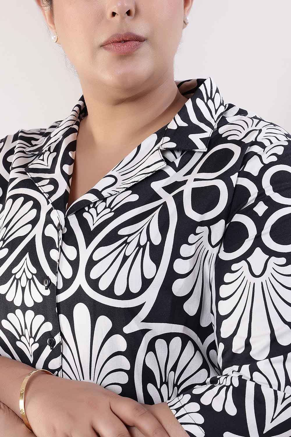 Comfortable Plus Size Black & White Floral Print Cotton Shirt Coord Set