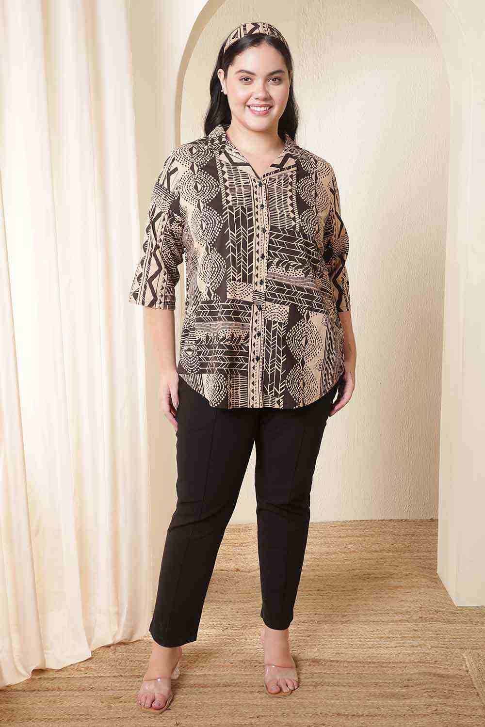 Plus Size Brown Black Printed Cuban Collar Cotton Shirt