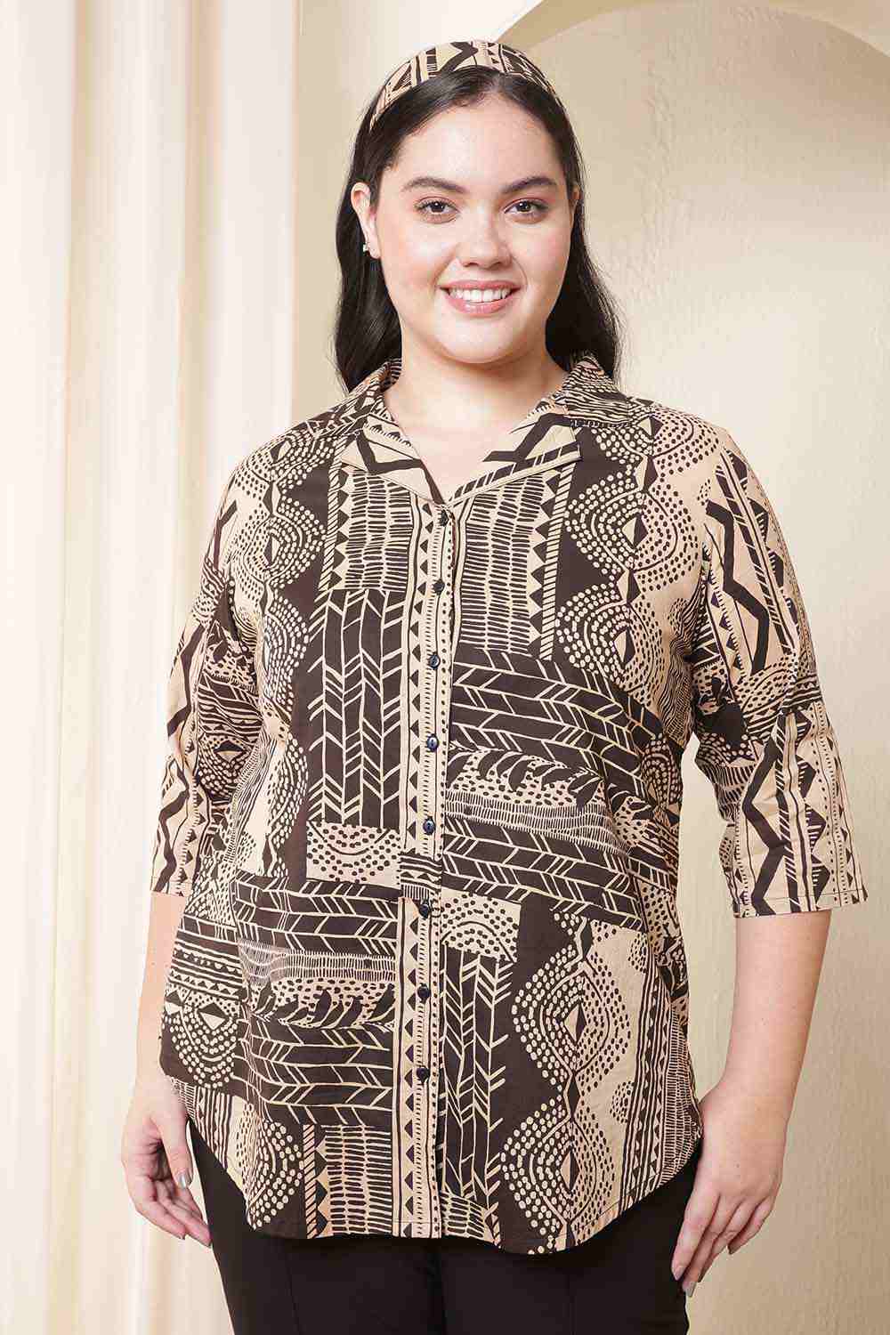 Plus Size Brown Black Printed Cuban Collar Cotton Shirt