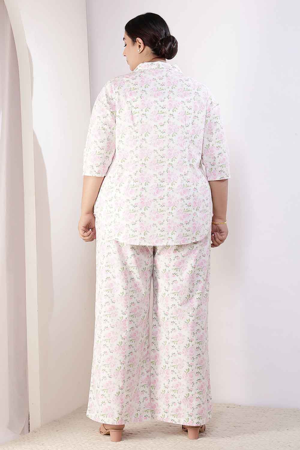 Plus Size Pink Floral Cotton Shirt Coord Set