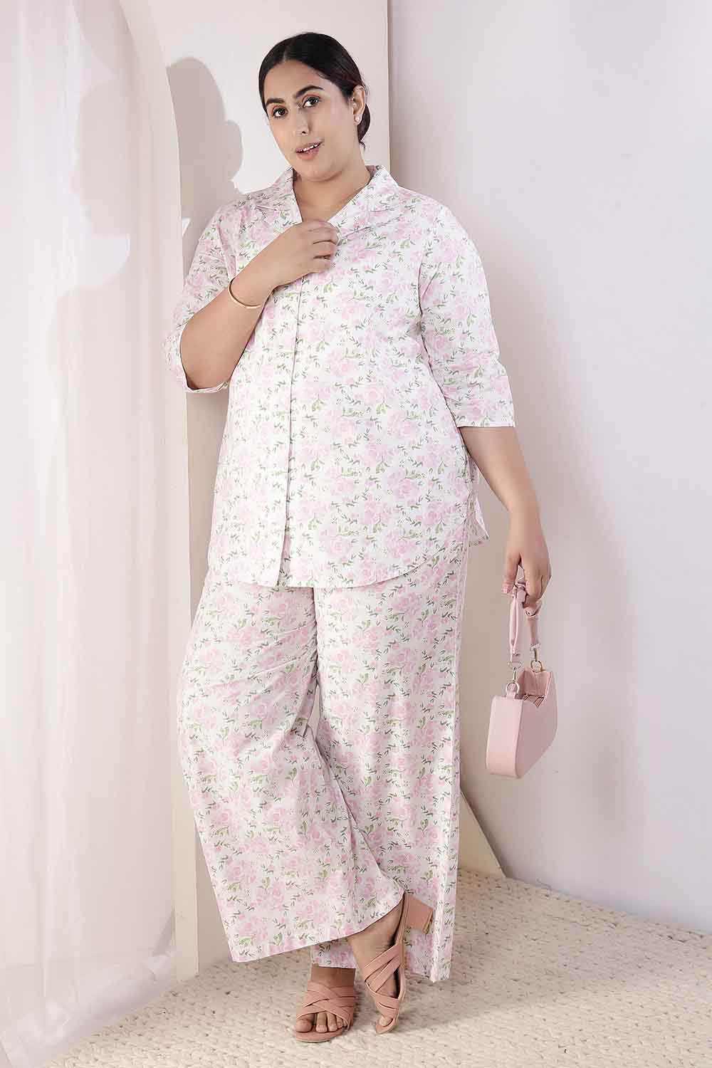 Plus Size Pink Floral Cotton Shirt Coord Set