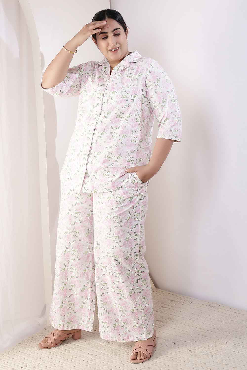 Plus Size Plus Size Pink Floral Cotton Shirt Coord Set