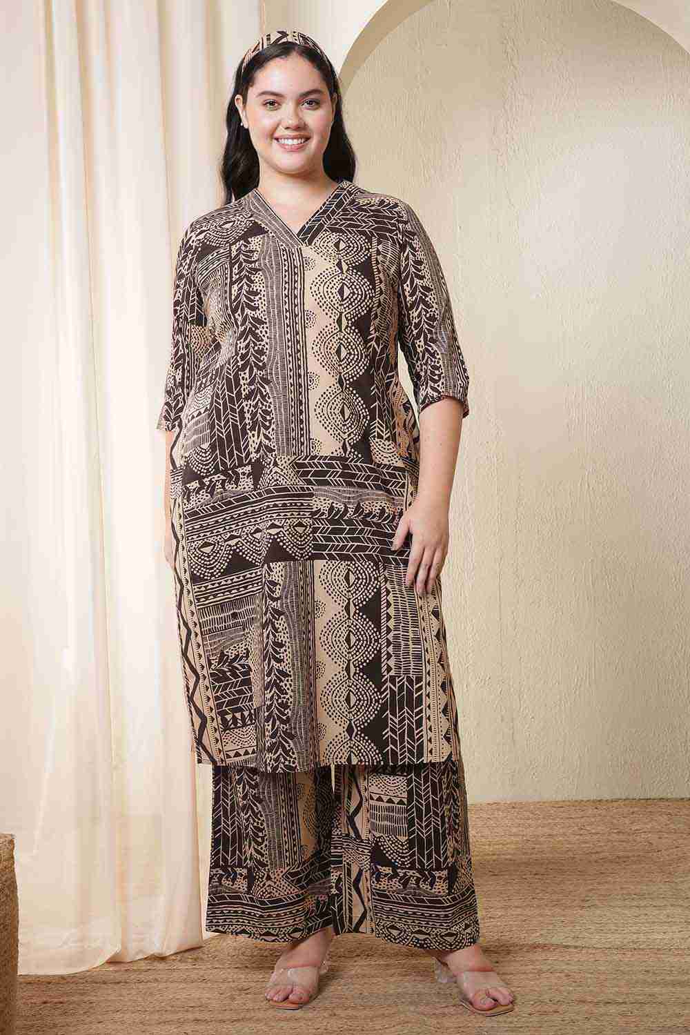 Plus Size Brown Black Printed Cotton Kurta Coord Set