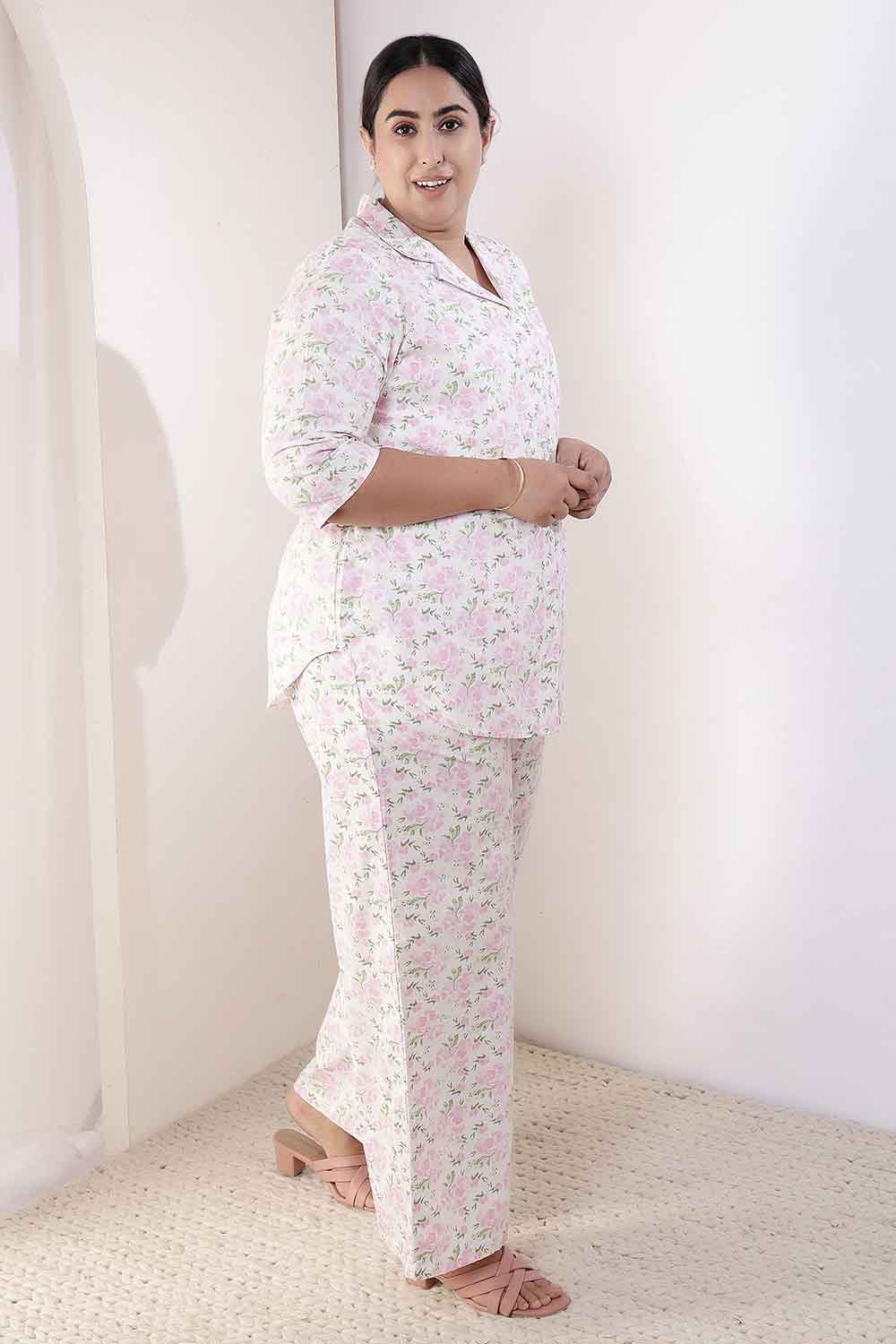 Plus Size Pink Floral Cotton Shirt Coord Set for Women