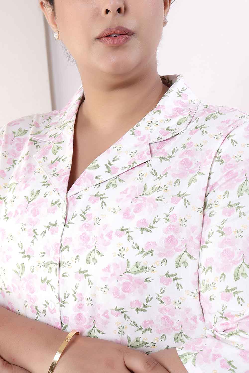Comfortable Plus Size Pink Floral Cotton Shirt Coord Set