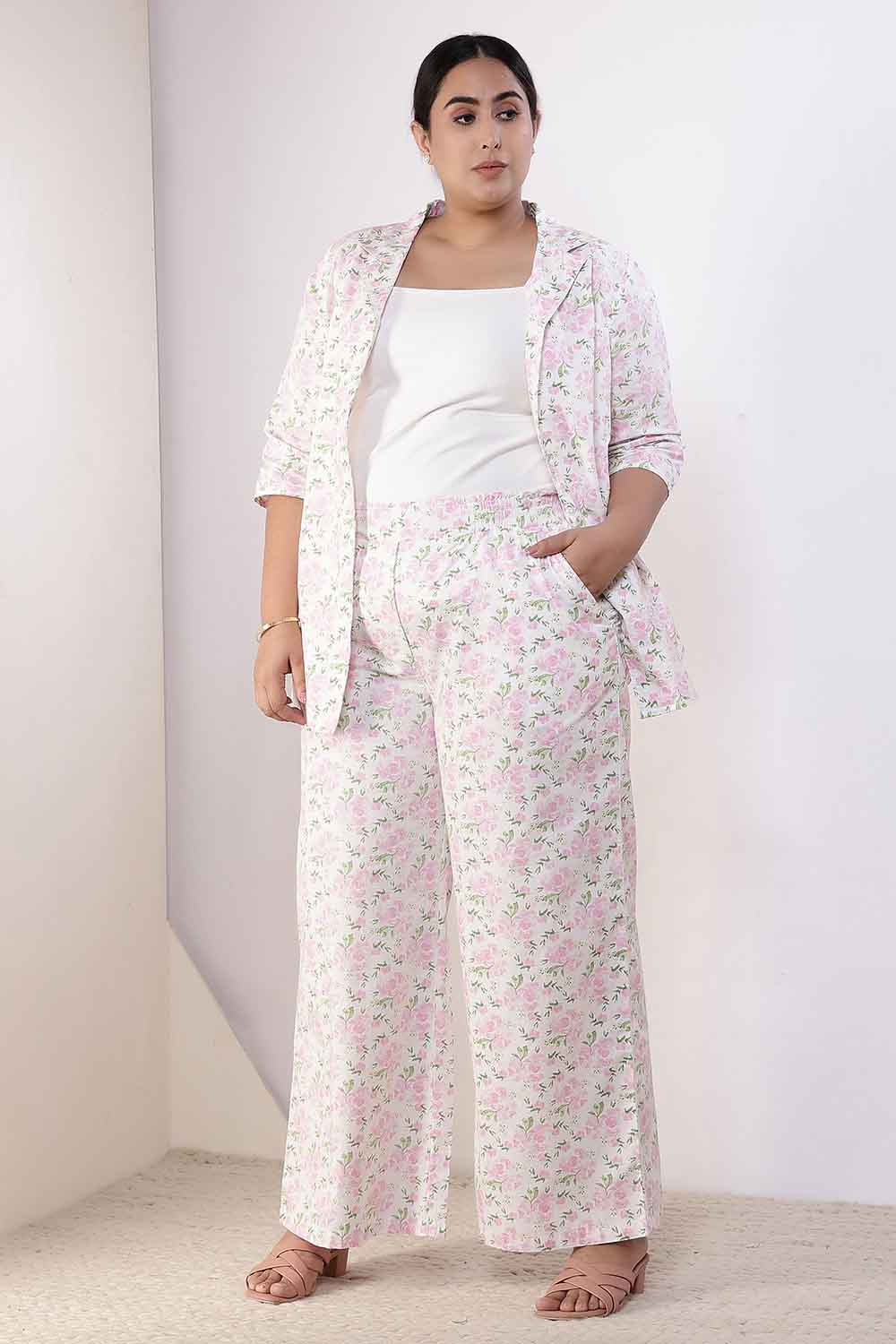 Plus Size Pink Floral Cotton Shirt Coord Set