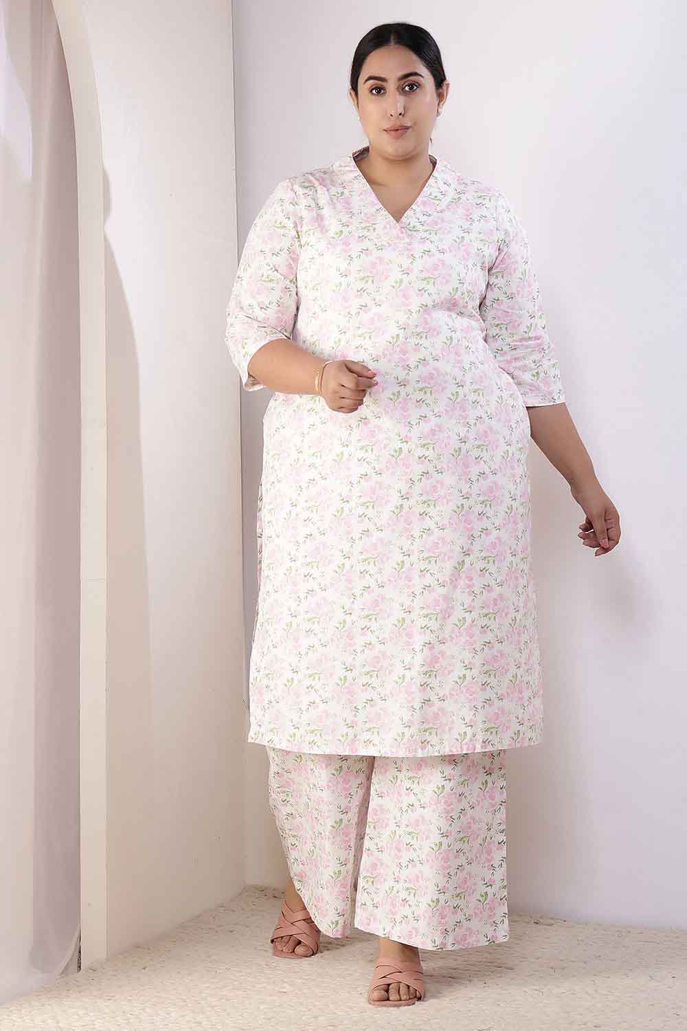 Plus Size Pink Floral Cotton Kurta Coord Set