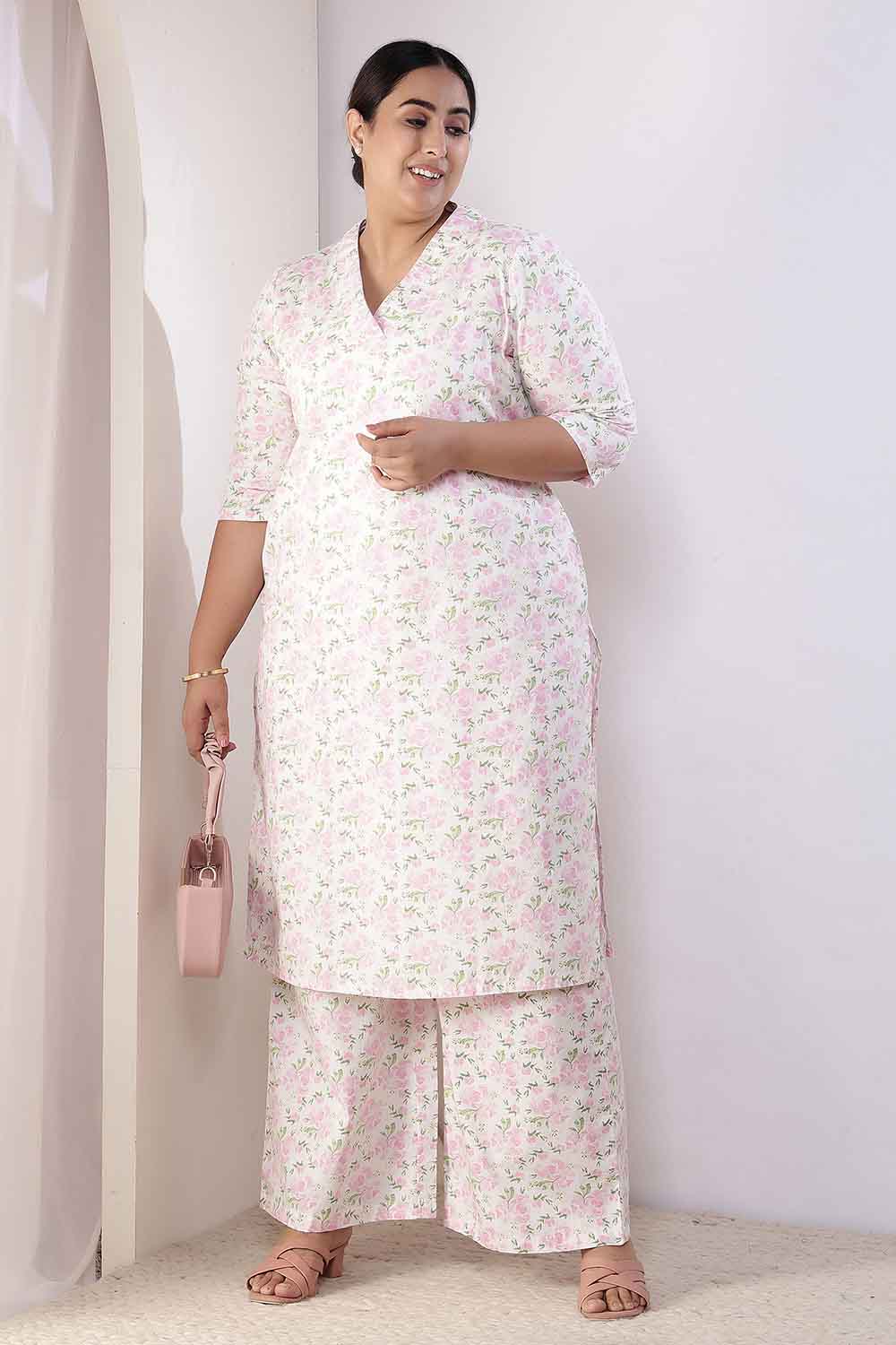 Plus Size Pink Floral Cotton Kurta Coord Set