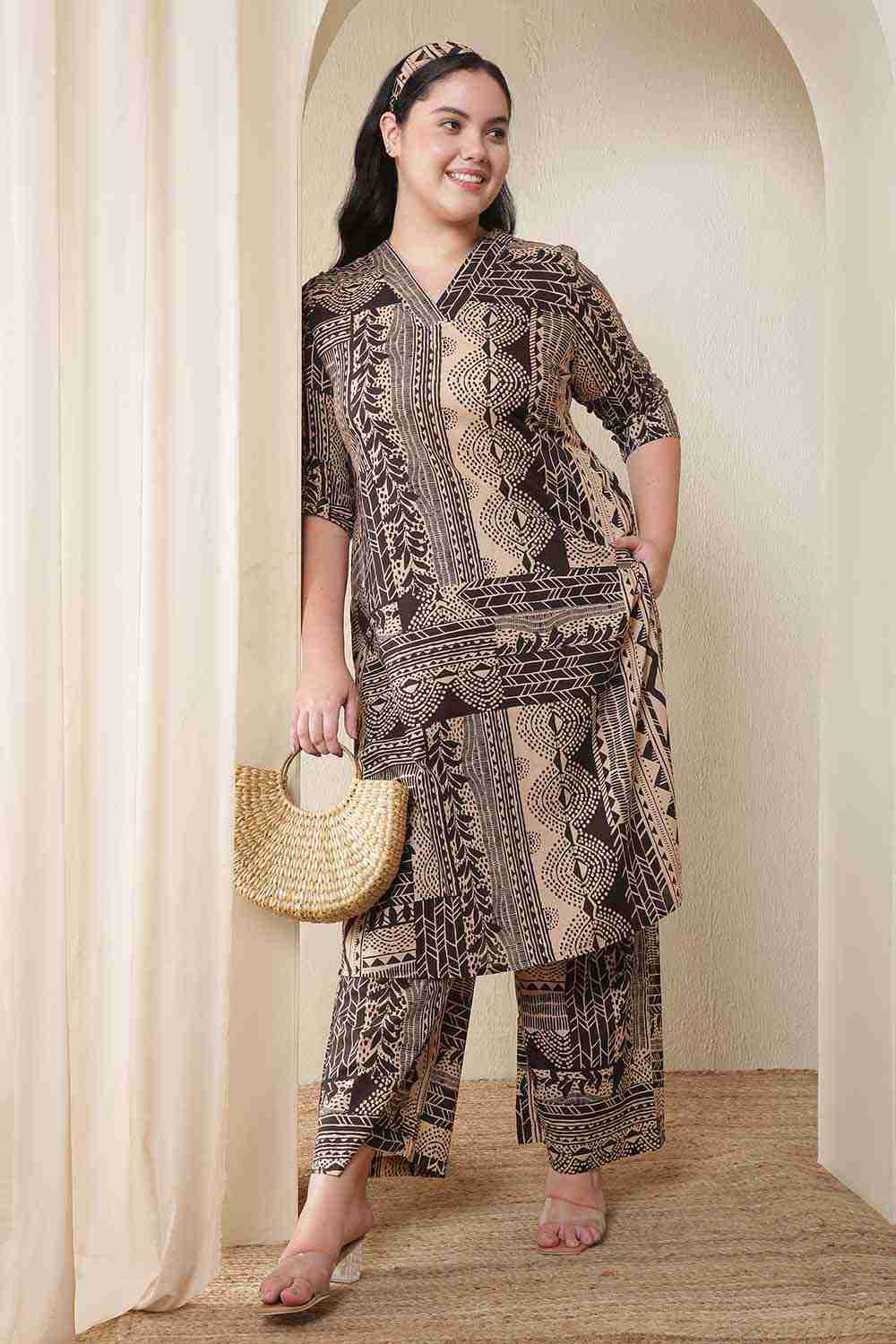 Plus Size Brown Black Printed Cotton Kurta Coord Set