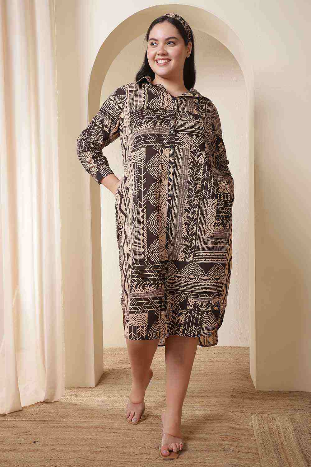 Plus Size Brown Black Printed Cotton Midi Shirt Dress