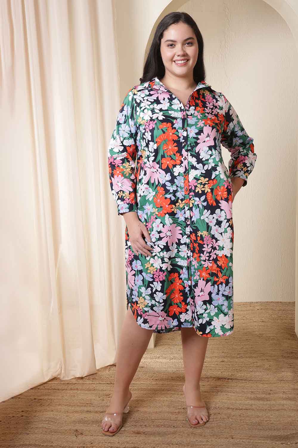 Plus Size Multicolor Floral Print Cotton Midi Shirt Dress