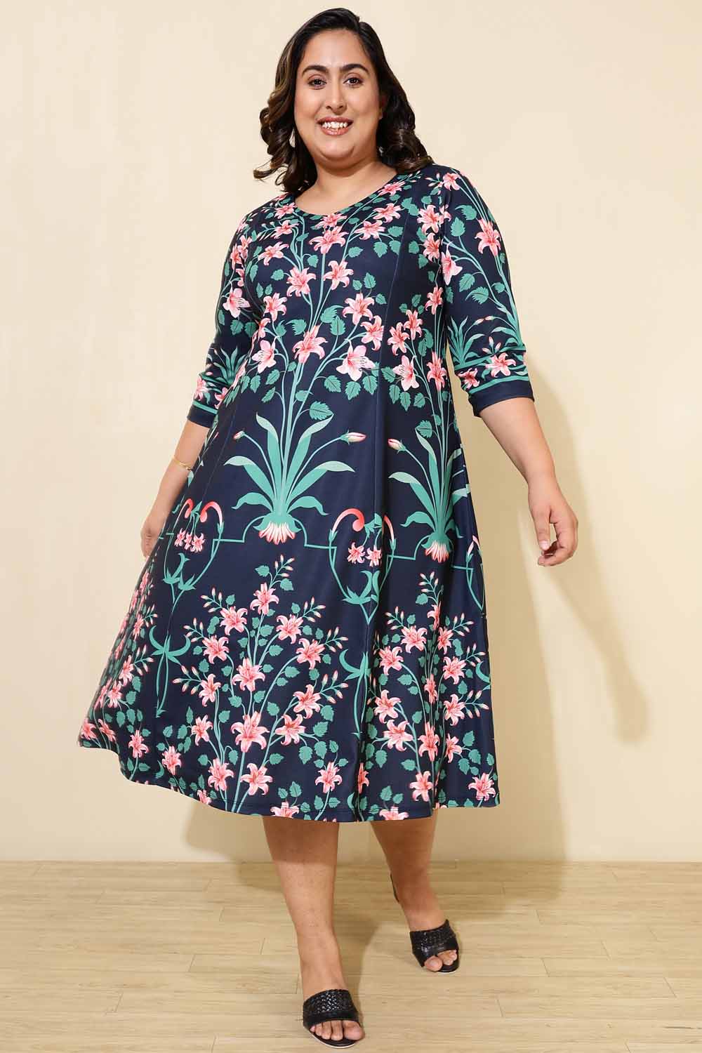 Plus Size Blue Green Floral A Line Dress | Amydus Plus Size Blue Green Floral A Line Dress | Amydus