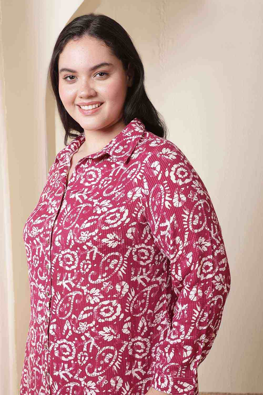 Plus Size Pink Batik Print Cotton Shirt Dress