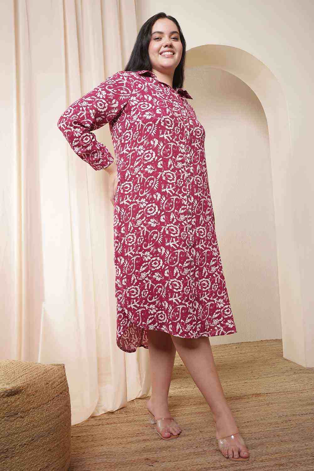 Plus Size Pink Batik Print Cotton Shirt Dress