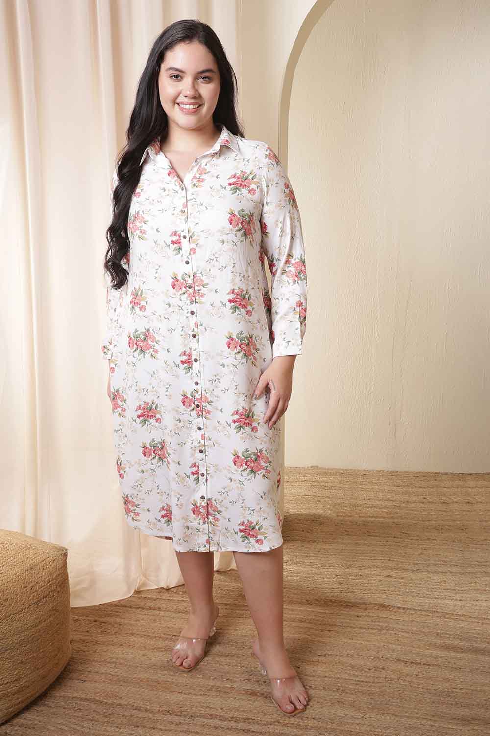 Plus Size White Floral Print Midi Shirt Dress