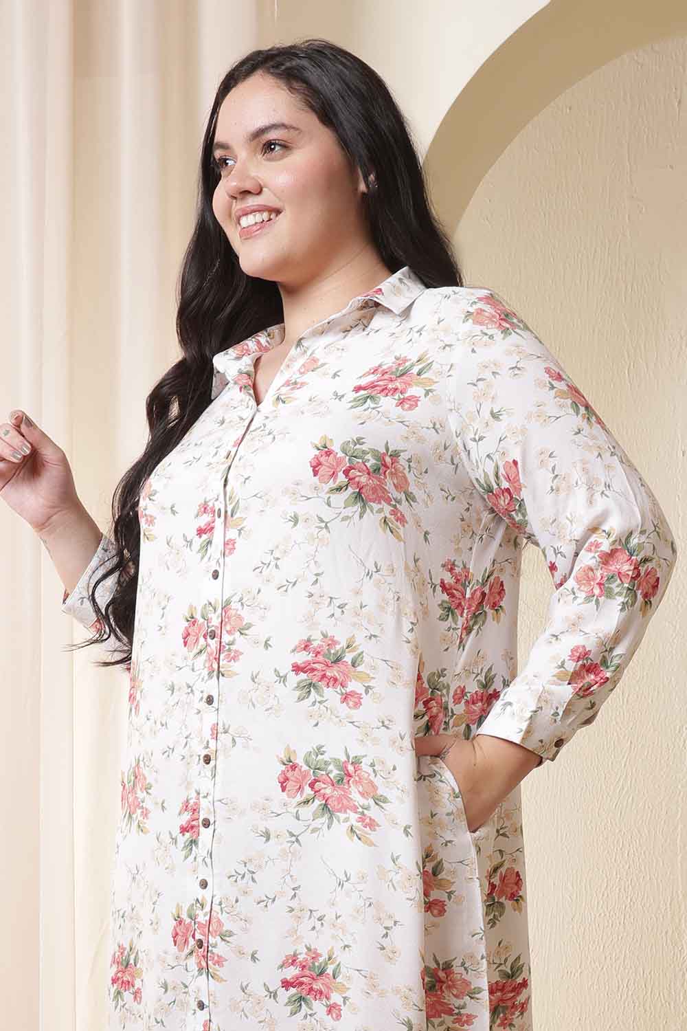 Plus Size White Floral Print Midi Shirt Dress
