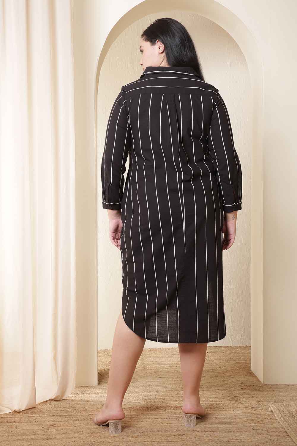 Plus Size Black Vertical Stripe Midi Shirt Dress