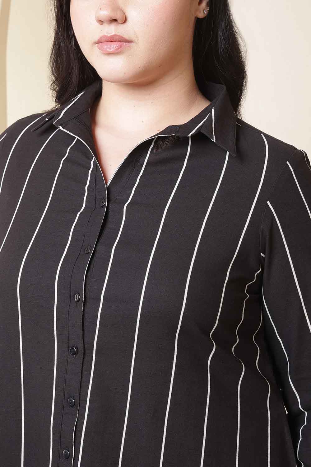 Plus Size Black Vertical Stripe Midi Shirt Dress