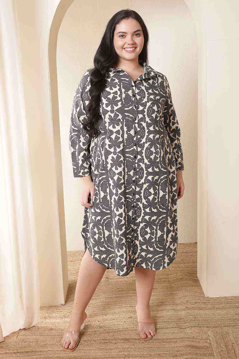 Plus Size Black & Beige Abstract Print Cotton Midi Shirt Dress