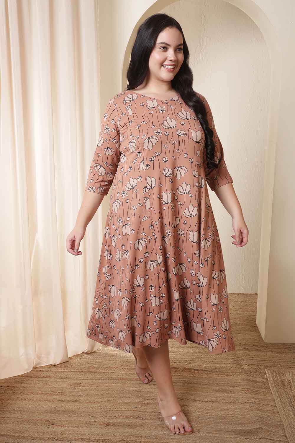 Plus Size Dusty Pink Floral Print A-Line Dress