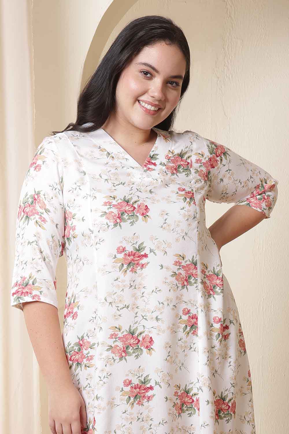 Plus Size White Floral Print Midi Dress