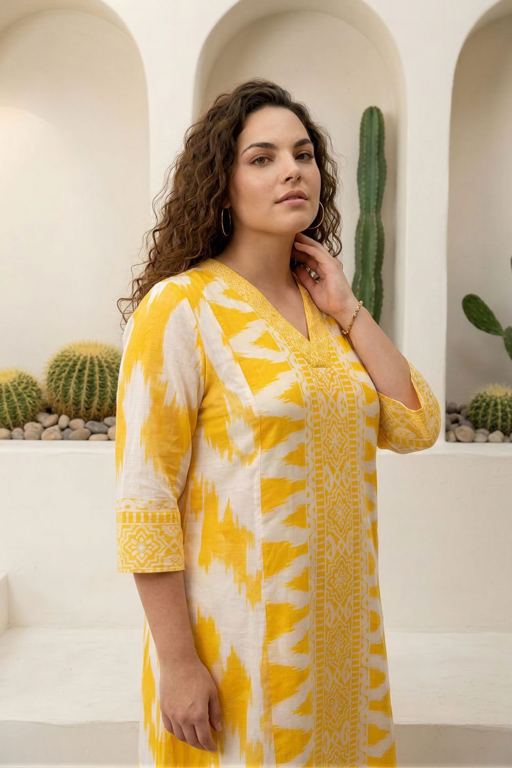 Plus Size Yellow Ikat Print Cotton Midi Dress