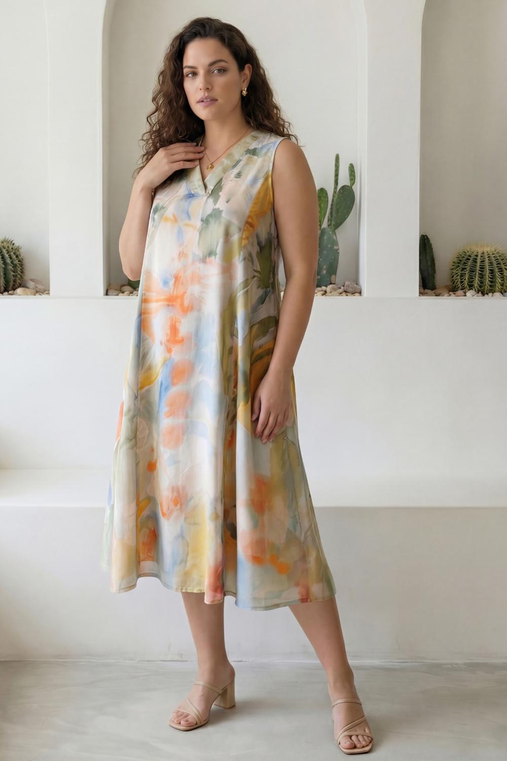 Plus Size Pastel Abstract Print Sleeveless Cotton Midi Dress