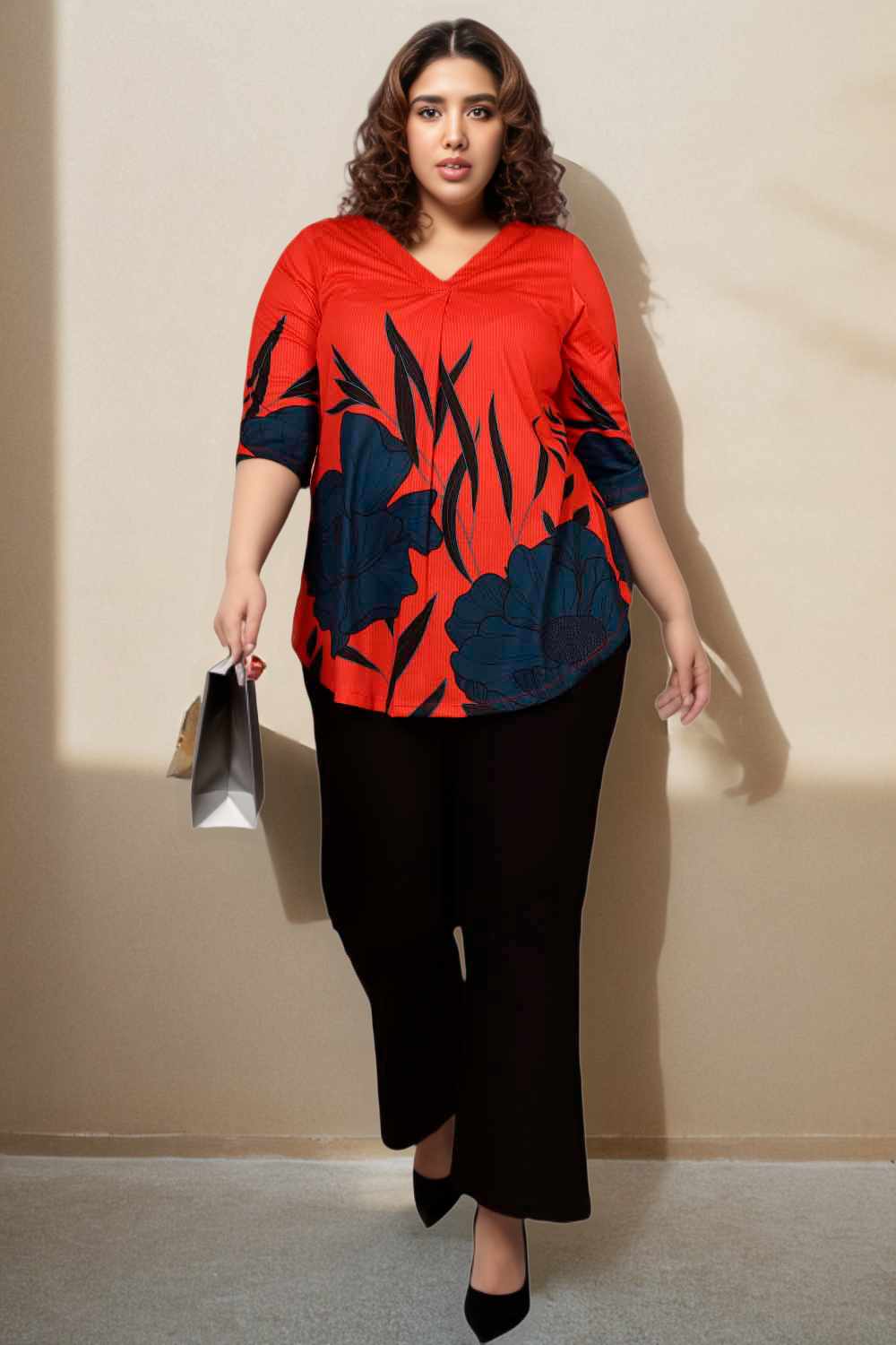 Plus Size Red Teal Print Plus Size Top