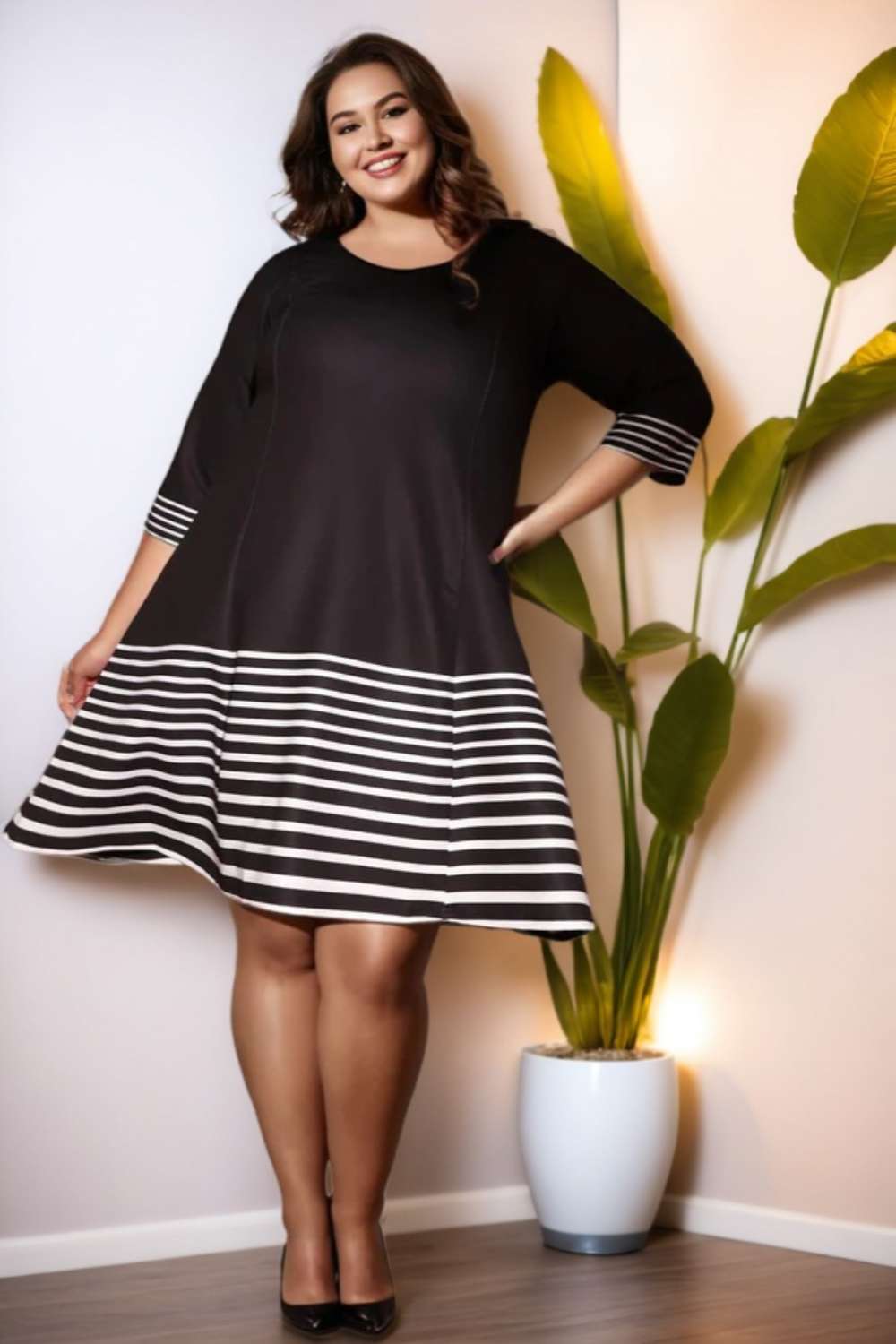 White Stripe Bottom Play Black Printed Dress