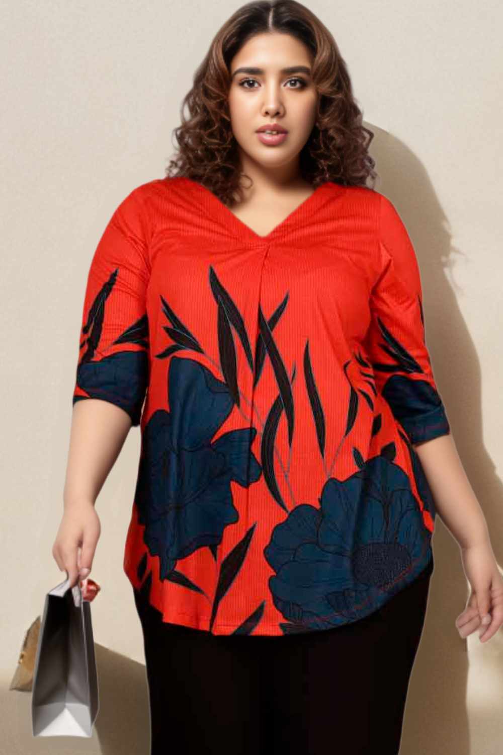 Red Teal Print Plus Size Top