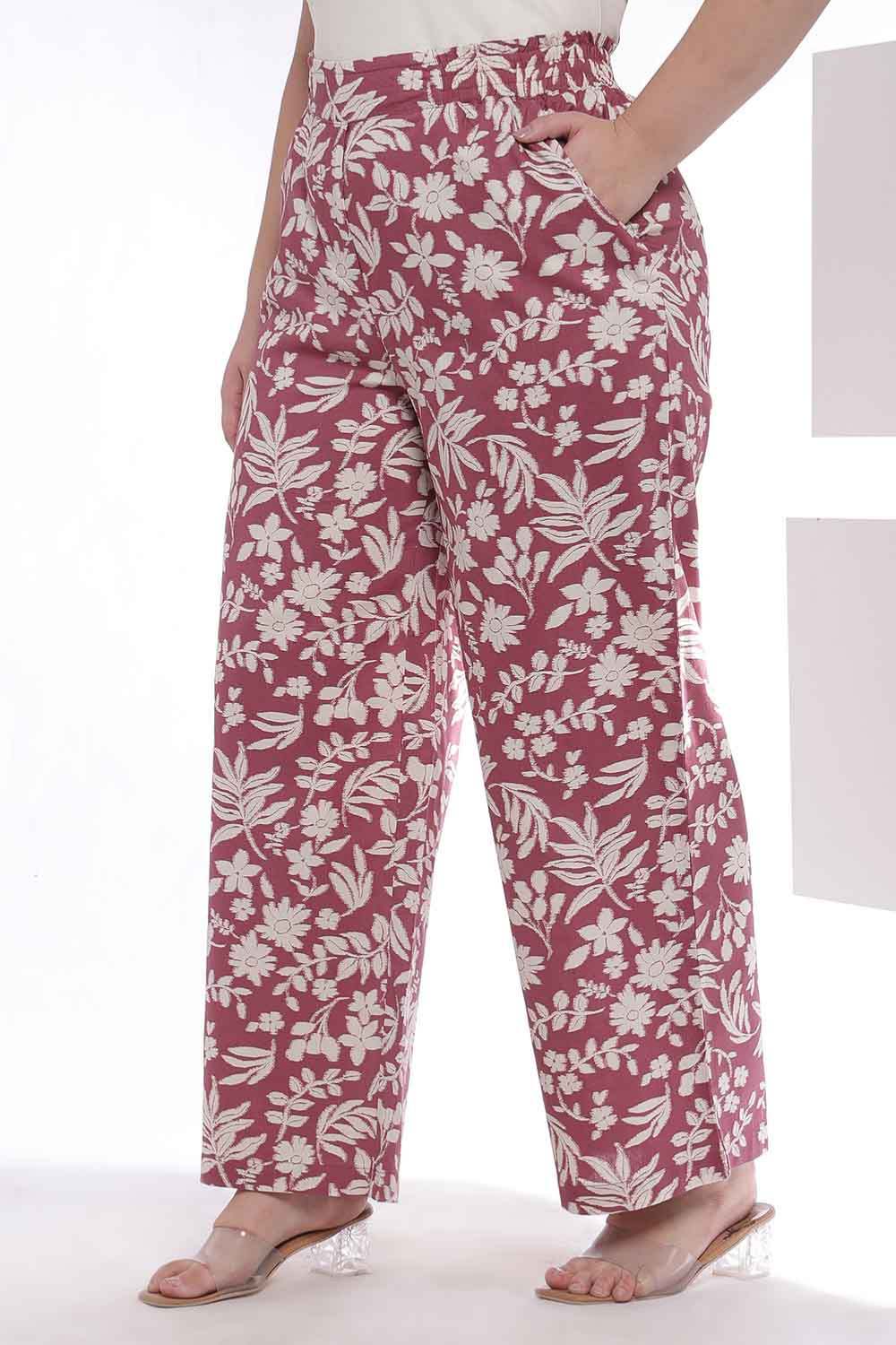 Plus Size Purple Taupe Floral Print Shirt Coord Set