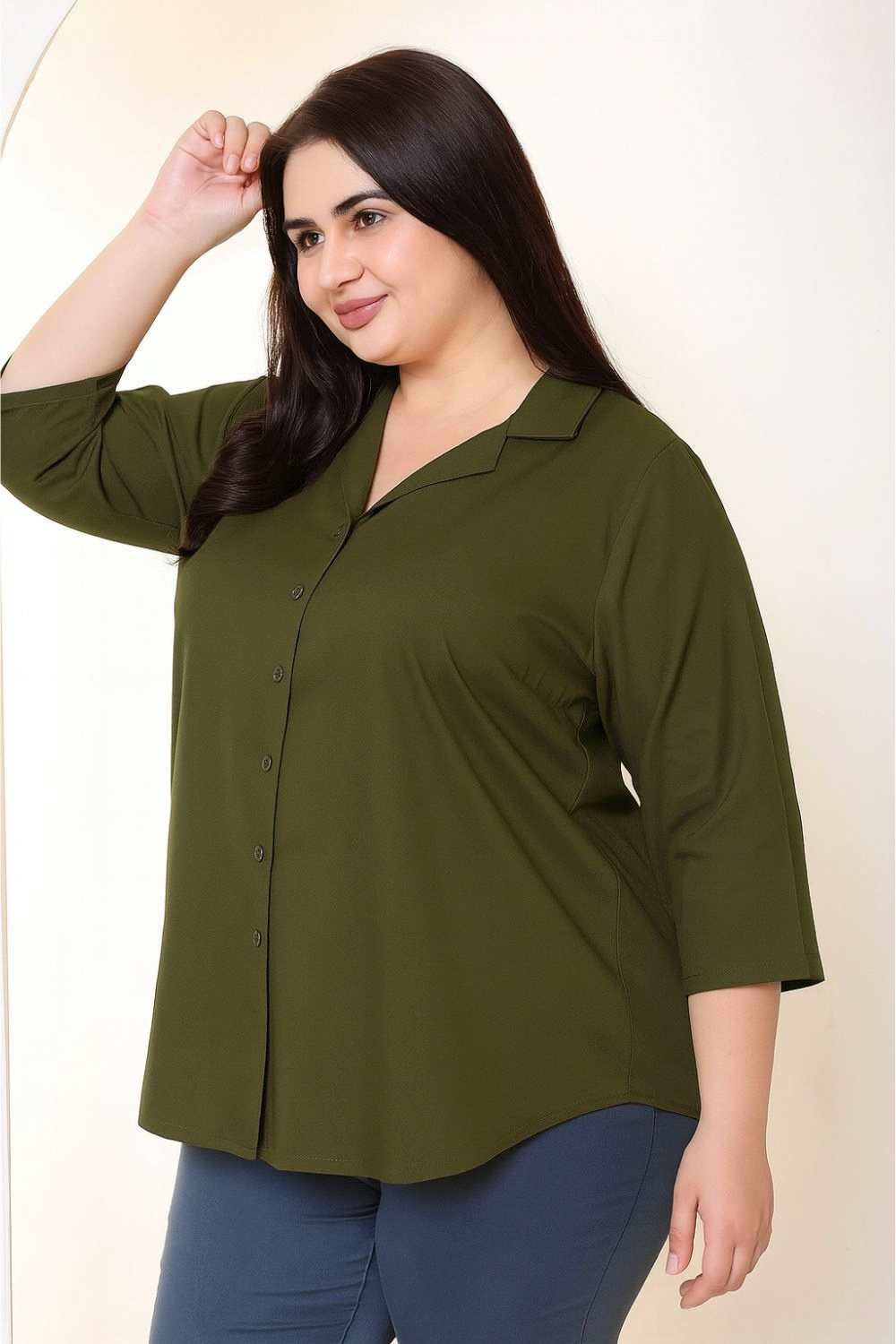 Plus Size Olive Green Cotton Linen Cuban Collar Shirt for Women