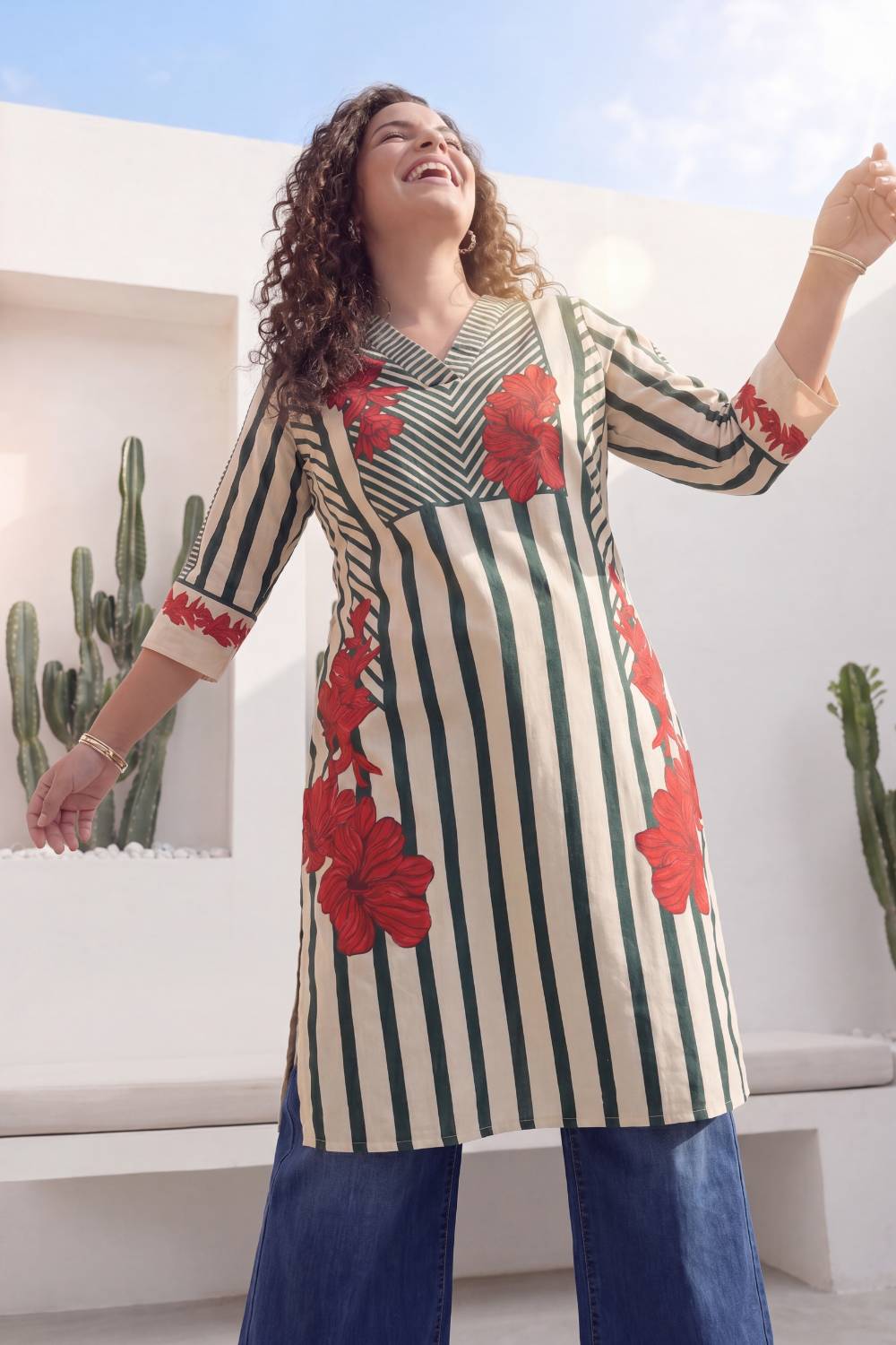 Plus Size Green Stripe Floral Print Cotton V-Neck Kurta